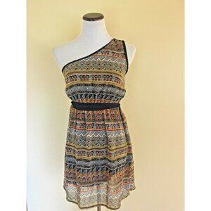 NWT Ya Los Angeles Single Shoulder Blue Geometric Belted Short Dress Small